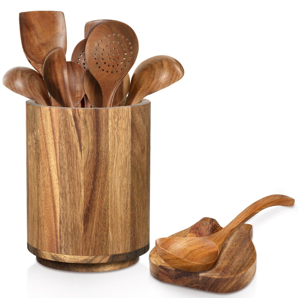 Wooden Utensil Holder for Kitchen Counter - 360° Rotating Acacia Cooking Utensil Holder & Large 7.2"x 6" Round Utensils Holder Organizer with Wood Spoon Holder for Countertop Farmhouse Kitchen Decor Mkway