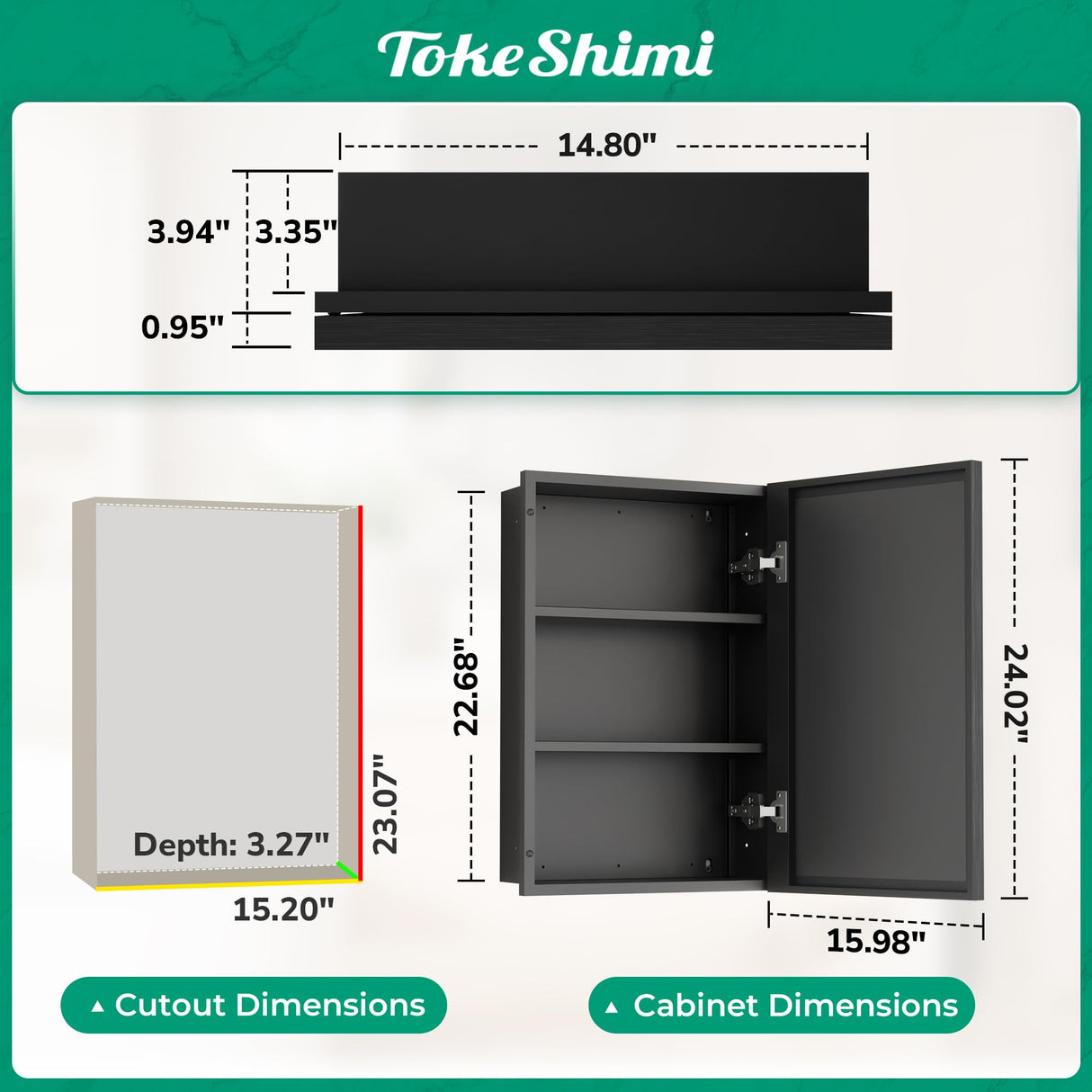 TokeShimi 16x24 Recessed Medicine Cabinet with Mirror, Black Bathroom Medicine Cabinet with Mirror, Bathroom Mirror with Storage, Beveled Aluminum Frame TokeShimi