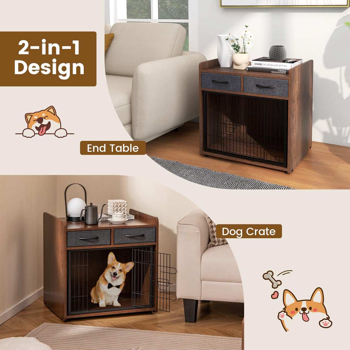 Giantex Dog Crate Furniture - Wooden Dog Cage End Table with 2 Storage Drawers, Latched Door, Pet House Dog Kennel Indoor for Small Dogs, Furniture-Style Dog Crate Side Table, Brown Giantex
