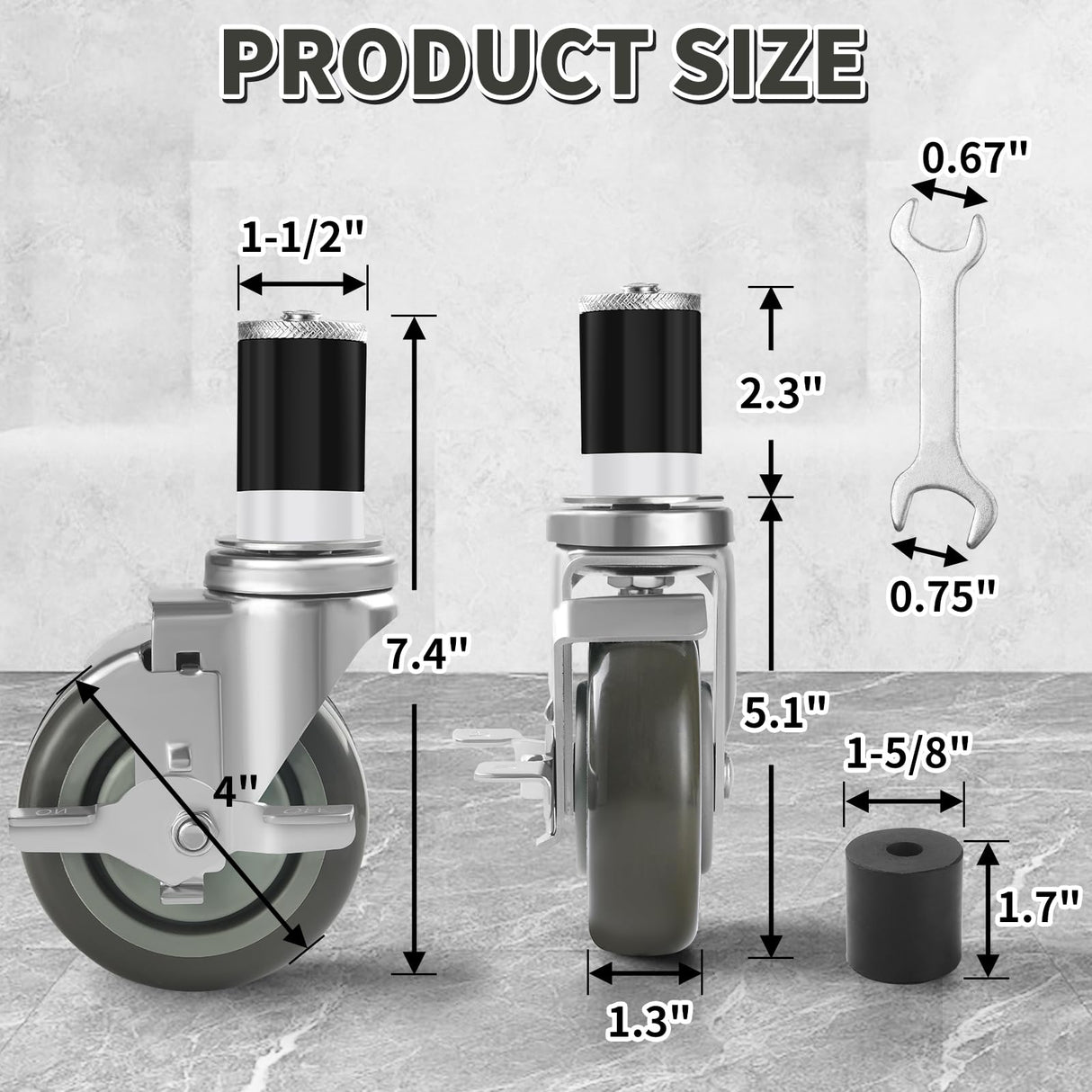 Besitu 4 inches Prep Table Wheels Set of 4, 1-1/2" Expanding Stem Caster with Side Brake for Stainless Steel Table, Cart, Furniture Legs, Commercial Kitchen Appliances, Workbench Besitu