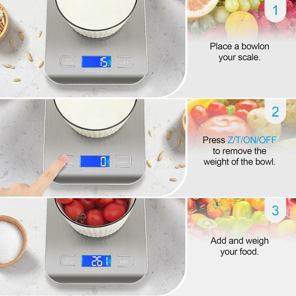 WIWUE GUO Food Scale, Kitchen Scale, Weight Scale Grams and Ounces for Weight Loss, Baking, Cooking, Keto and Meal Prep, LCD Display, 304 Stainless Steel WIWUE GUO