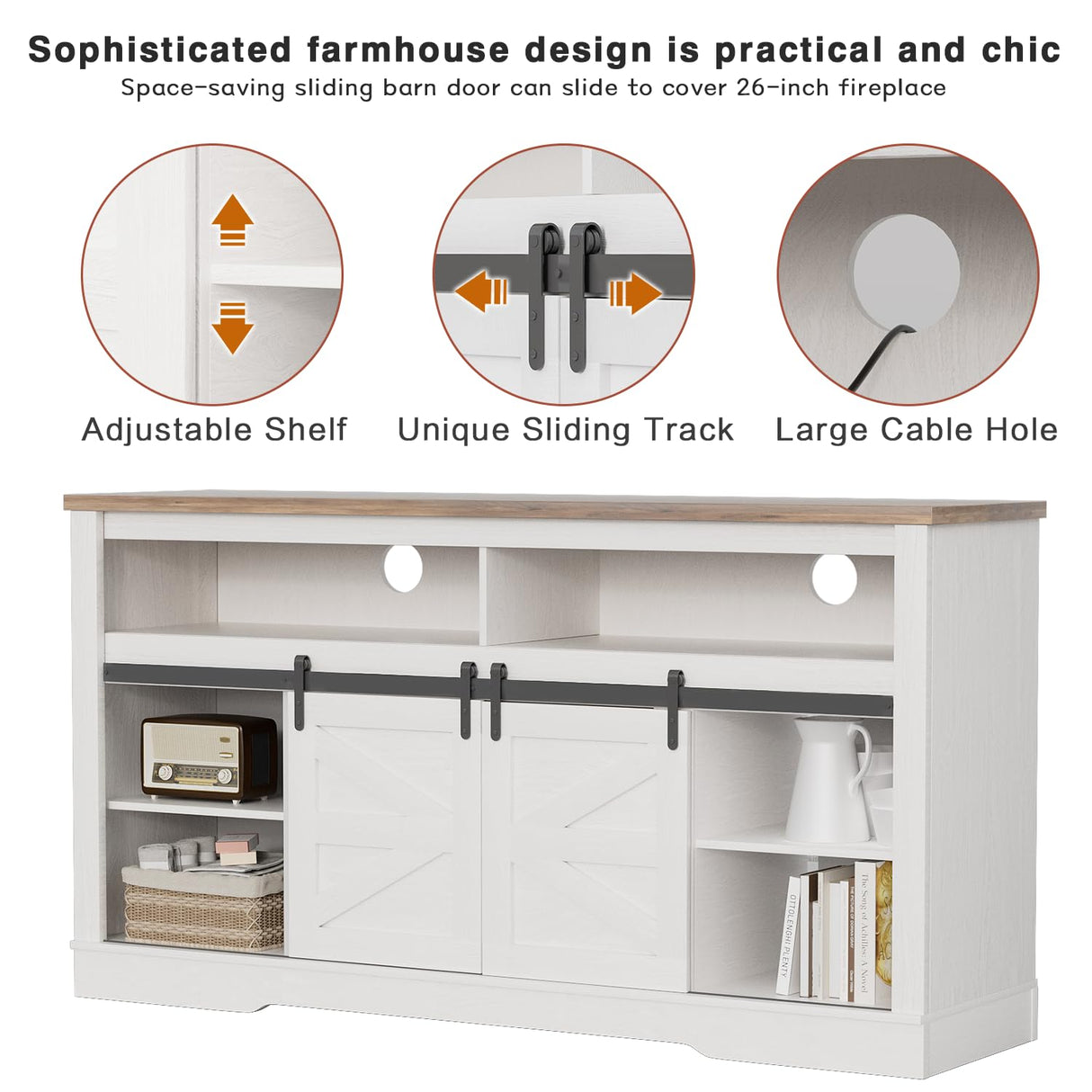 YESHOMY Fireplace TV Stand for Television up to 65+ Inch with Storage and Farmhouse Sliding Barn Doors, Entertainment Center with Cabinet and Shelves, Media Console for Living Room, White YESHOMY