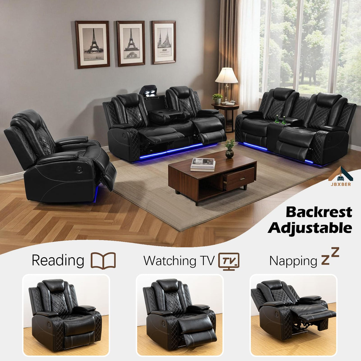 JBXBER Power Recliner Sofa Set for Living Room, Leather Reclining Sofa Sets with Storage Console, Living Room Furniture Sets with LED Lights(Sofa and loveseat,Black) JBXBER