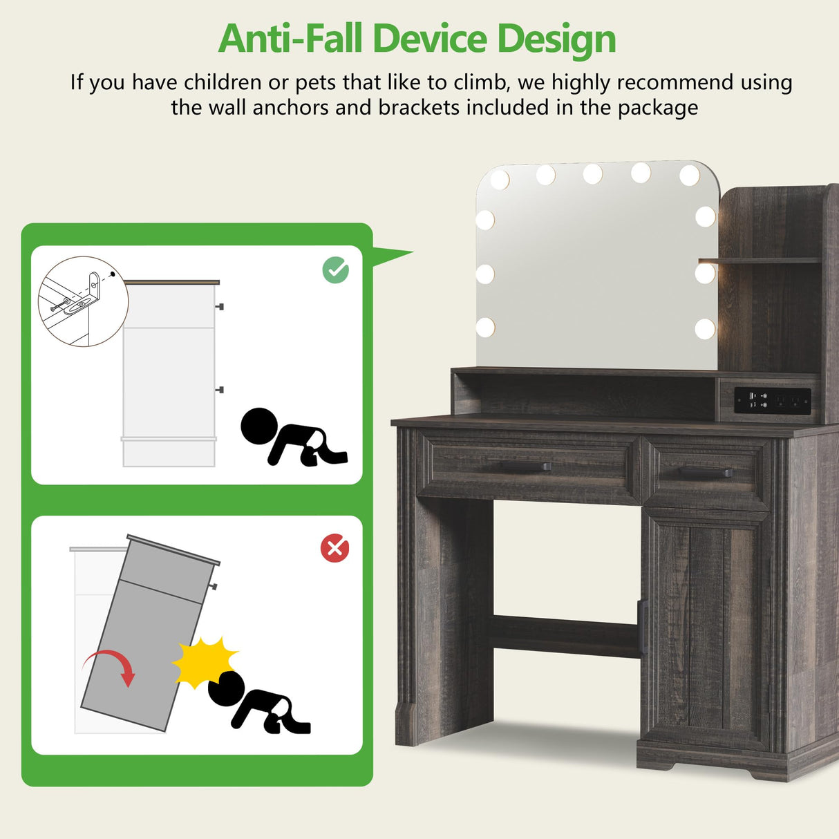 HNEBC Vanity Desk with Mirror and Lights, LED Makeup Vanity with Charging Station(USB+Type-C+2 Outlet), Farmhouse Vanitys Dressing Table with Drawer/11 Bulb,Vanity Chair with Storage (Rustic Brown) HNEBC