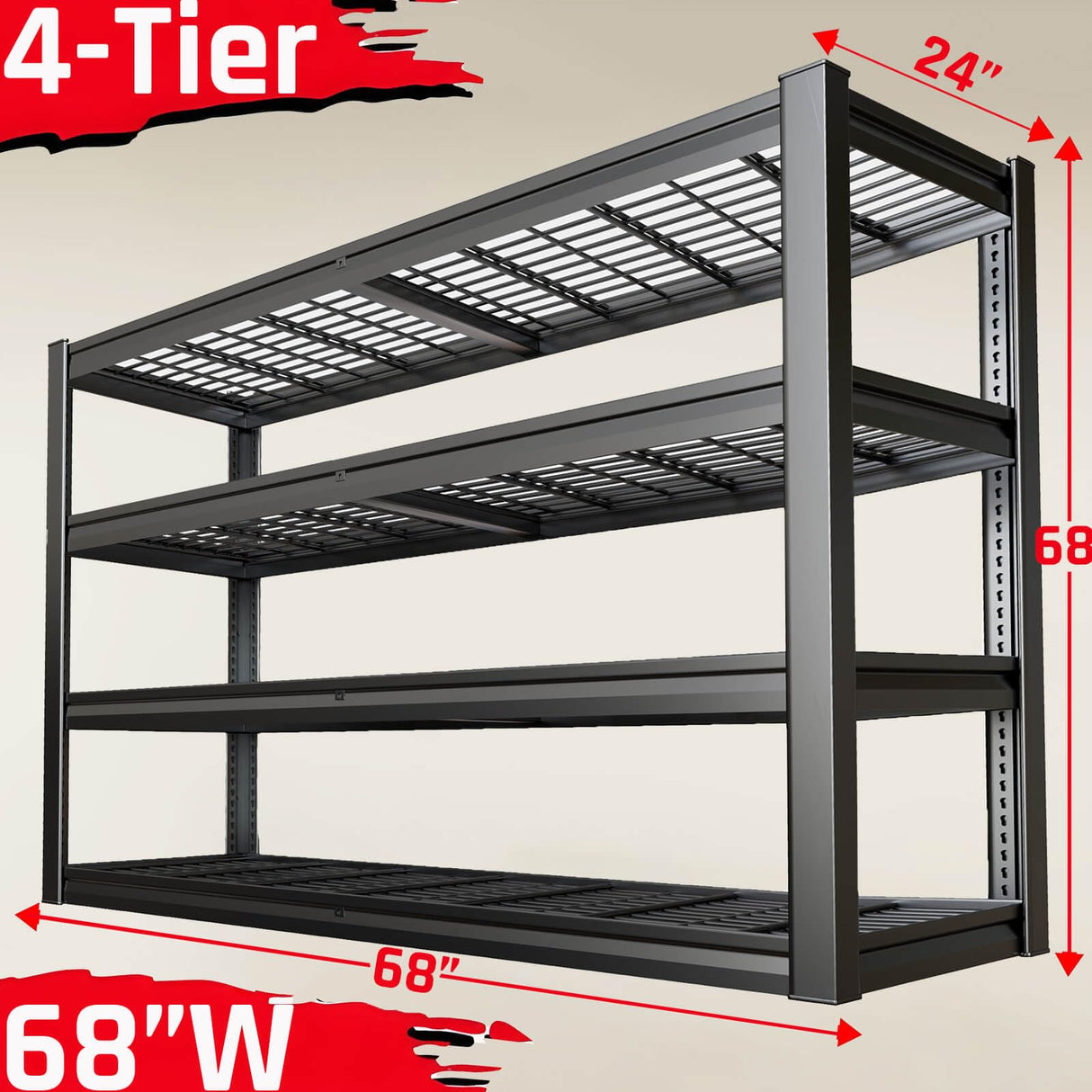 SKZNSA 68" Wide Heavy Duty Garage Shelving Units, 4-Tier Deep Storage Shelves,Black Metal Garage Shelves,Steel Shelf,Large Storage Rack,Industrial Shelving for Shop, 68" W x 24" D x 68" H SKZNSA