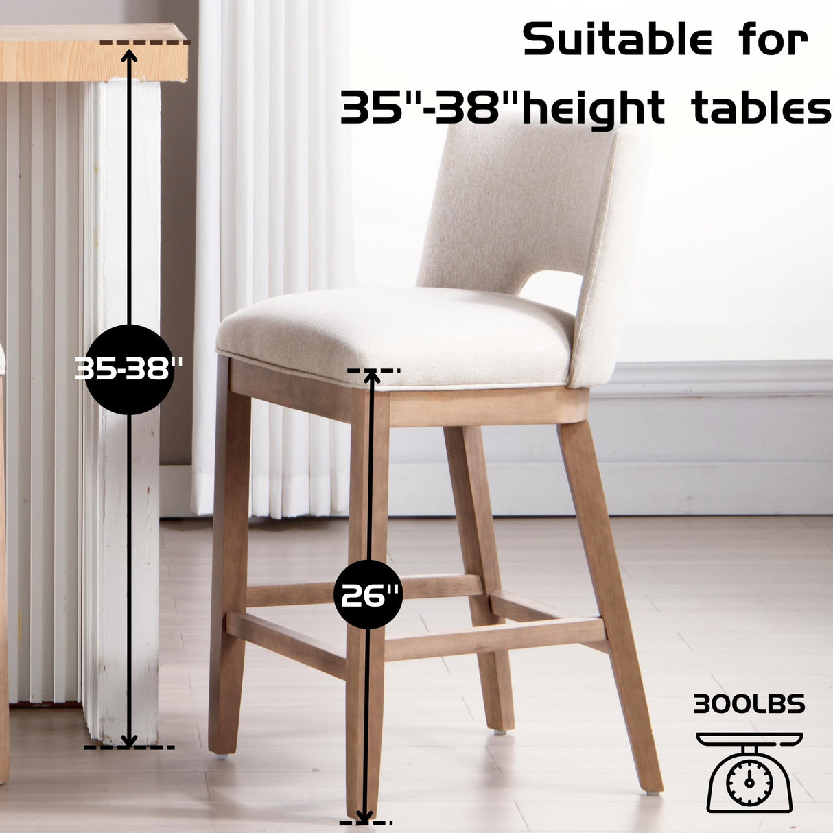 DM Furniture Farmhouse Bar Stools Set of 4, 26" Counter Height Barstools, Linen Upholstered Barstools with Open Back for Kitchen Island/Breakfast Bar/Home Pub, Beige DM Furniture