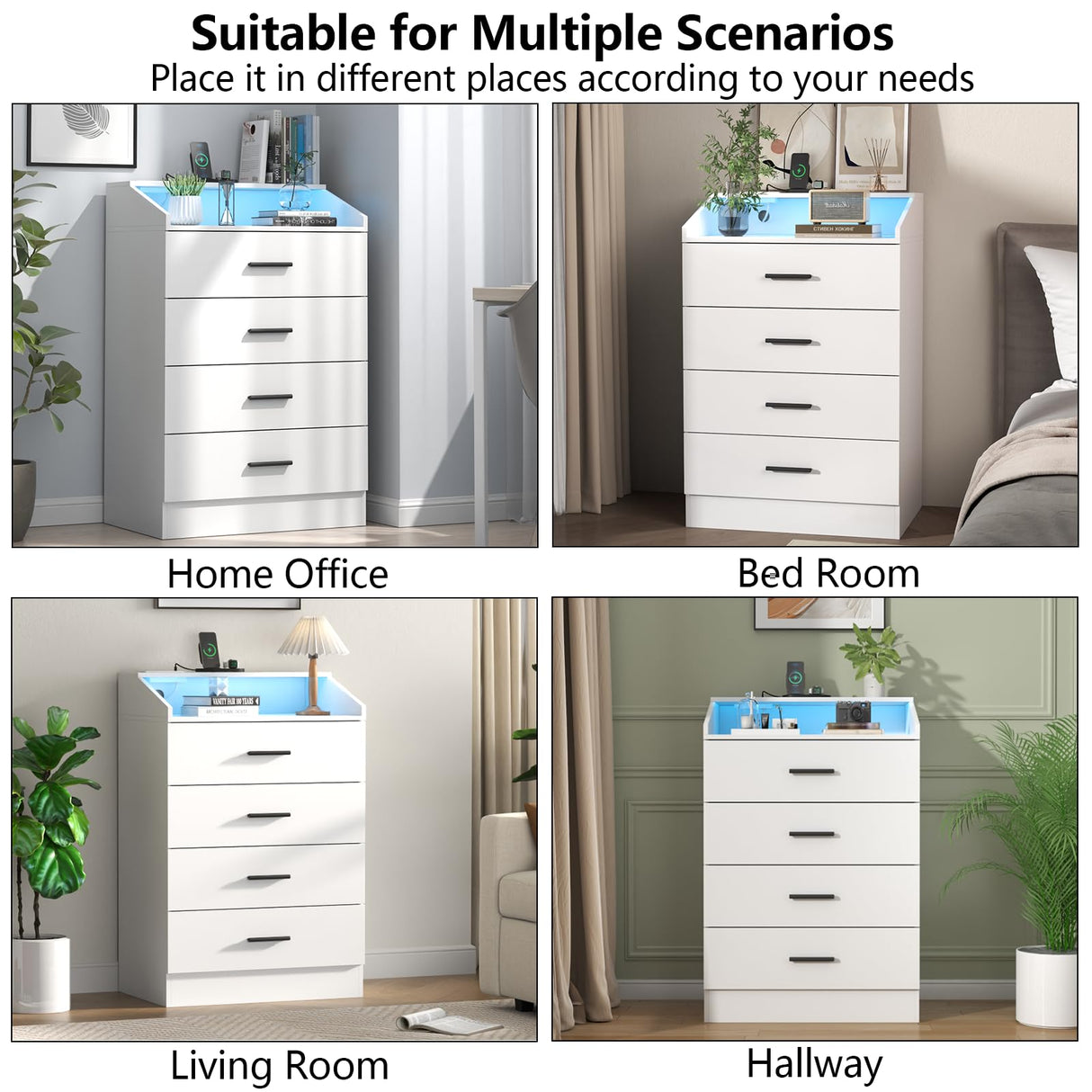 Gyfimoie 4 Drawers Dresser with Power Outlet, Chest of Drawers with LED Light, White Dresser Organizer with Open Storage Cubby, Modern Nightshatnd for Bedroom, Living Room, Entryway, Hallway Gyfimoie