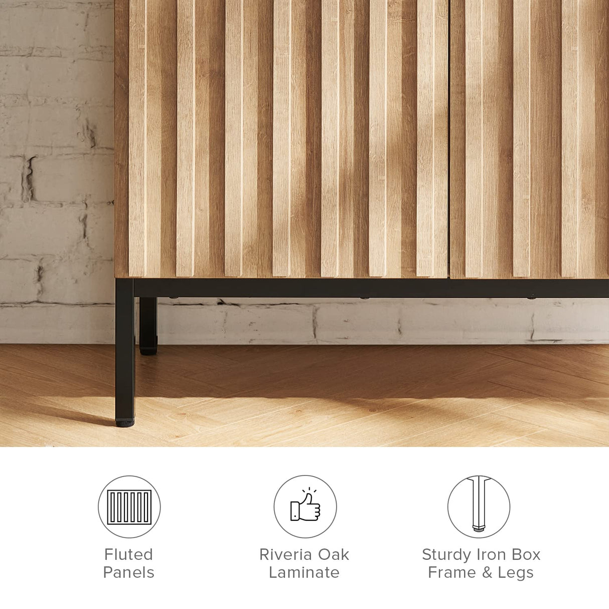 mopio Norwin Storage Cabinet, Modern Rustic Industrial Buffet Sideboard, Accent Console Credenza, Fluted Panel Doors, Adjustable Shelves, Sturdy mopio