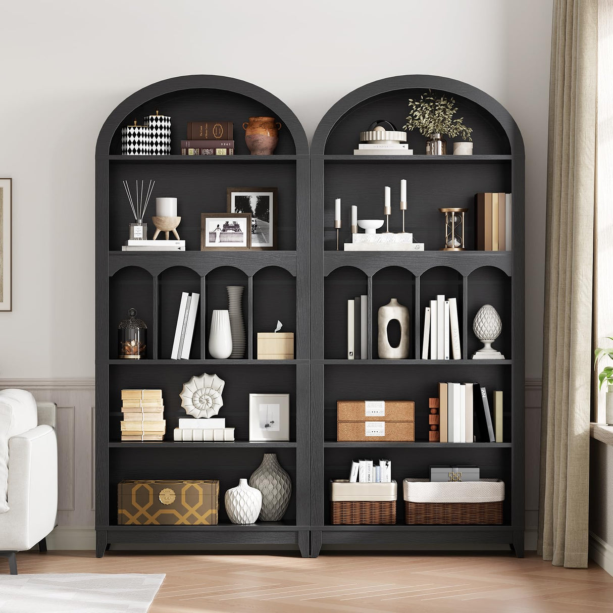 HOOBRO Arched Bookshelf, 70.9" Tall Arch Bookcase with Storage, 5-Tier Farmhouse Book Shelf, Modern Arched Cabinet, Wooden Bookshelf with Open Display Shelves for Living Room, Office, Black BK53SJ01 HOOBRO