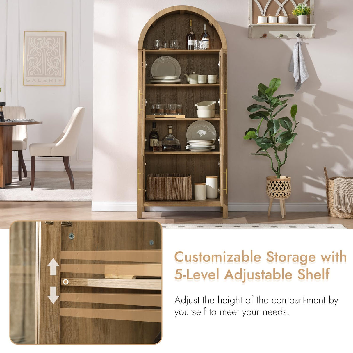 71" Tall Arched Display Cabinet, 5-Tier Bookshelf Modern Farmhouse Arched Bookcase with Glass Doors and Shelves, Wooden Pantry Storage Cabinet for Living Room, Office and Kitchen, Caramel Oak WINWY