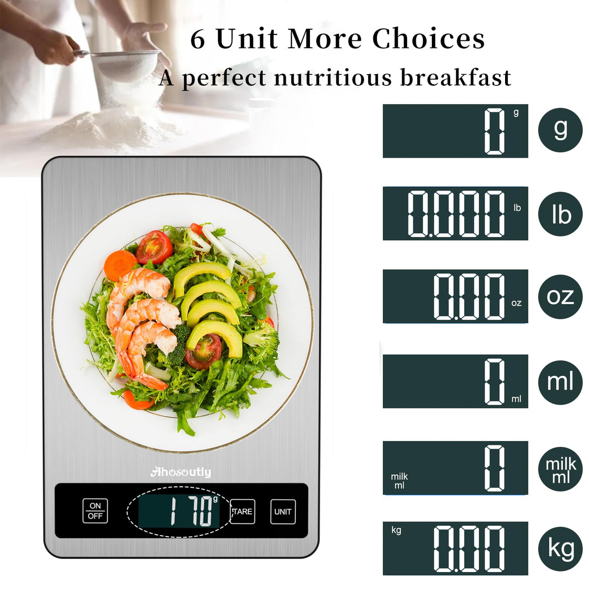 AHOSOUTLY Food Scale, 22lb/10kg Digital Kitchen Scale Weight Grams and Ounces with 0.1oz/1g Precision, 6 Units and Tare Key Design, LCD Display & Stainless Steel Panel for Baking, Cooking, Postage AHOSOUTLY