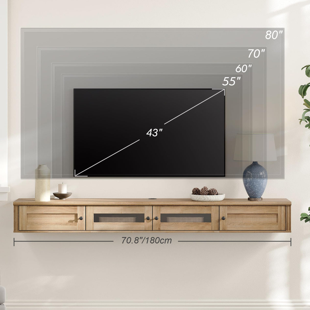 WAMPAT Floating TV Stand for TVs up to 80 Inch, Wooden Floating TV Shelf with Storage Cabinet, Modern Floating TV Shelf Entertainment Center for Living Room, Oak WAMPAT