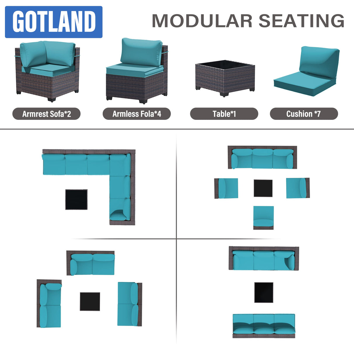 Gotland 7 Pieces Patio Furniture Set with 1 Coffee Table, 6 Seater Wicker Rattan Patio Set with 29.5'' High Backrest Thick Cushions Adjustable Foot Pads, for Porch Deck Garden Green Blue Gotland