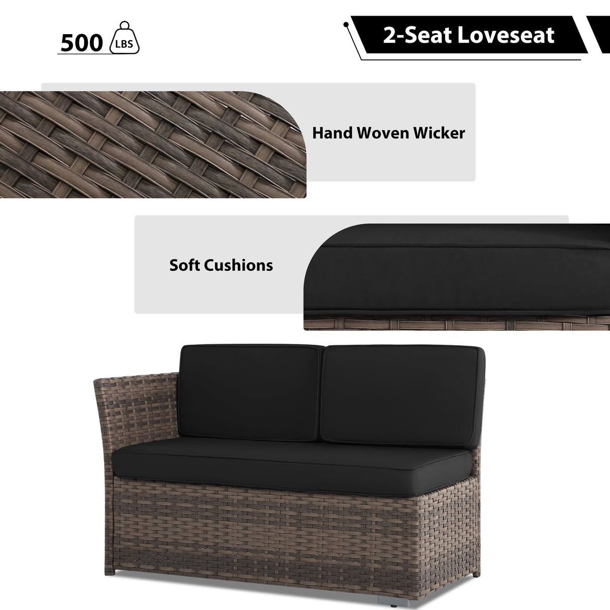 YOCONYO Patio Furniture Set, 7 Pieces Patio Dining Set, All Weather Outdoor Wicker Conversation Loveseat Set with Dining Table, Ottoman in Brown Rattan Black Cushions YOCONYO