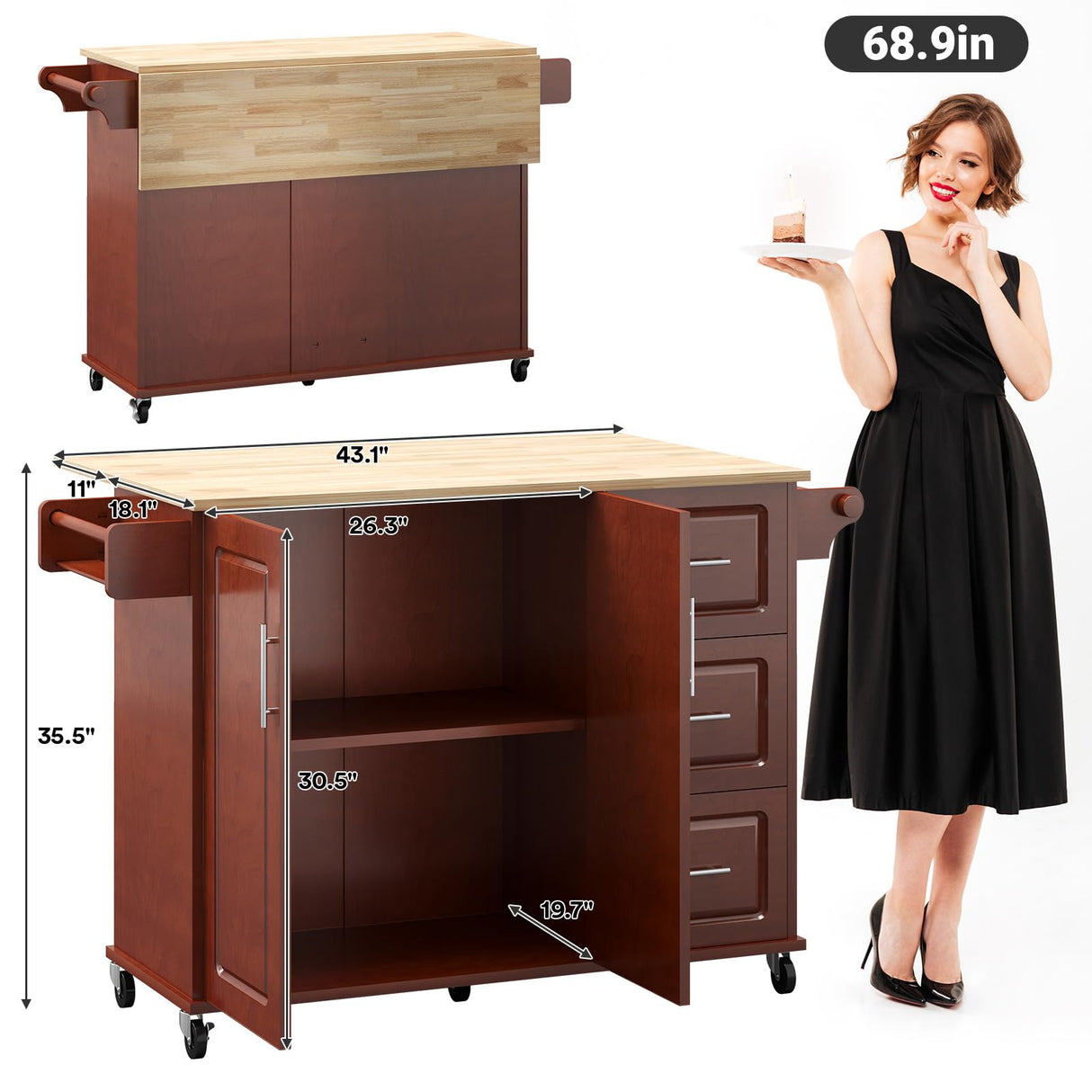 Rovibek 53" Kitchen Island on Wheels with Drawers - Large Rolling Island Cart with Storage, Cabinet, Spice Rack, and Towel Holder Rovibek