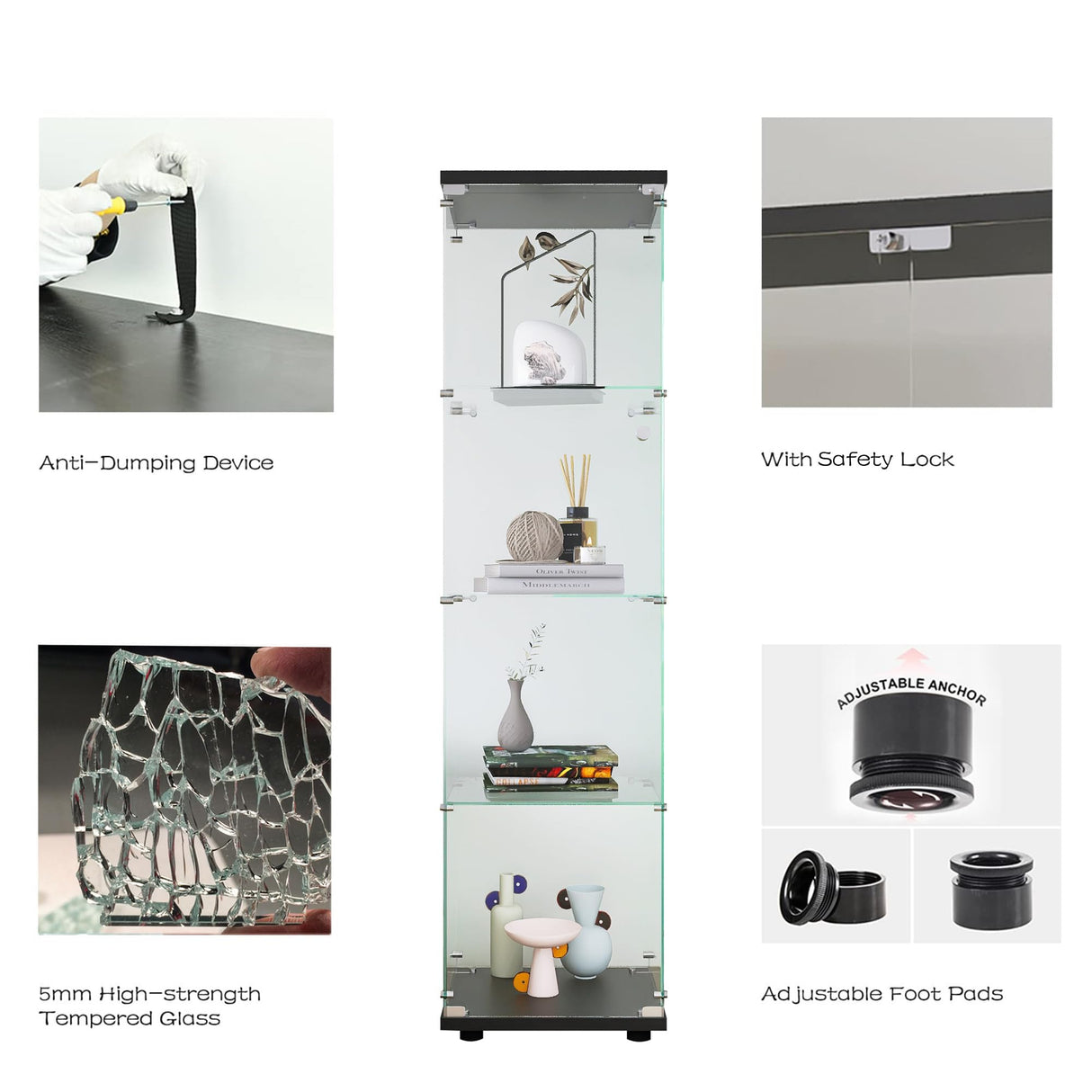 Shengrunner Frameless Glass Display Cabinet, Curio Cabinet with Lock and Glass Door, Floor Standing Showcase Display Shelf for Collectibles, Legos, Figures, Plants Shengrunner