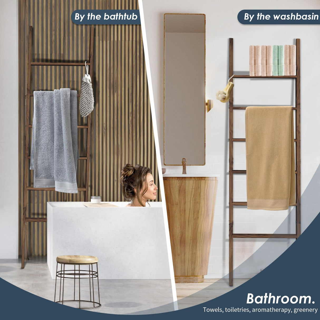 Delywh Acacia Wood Blanket Ladder, Rustic Towel Quilt Throw Clothes Blanket Ladders for The Living Room, Bedroom, Nursery Stand Holder, Wooden Decorative Ladder for Blankets Rack Farmhouse Home Decor Delywh