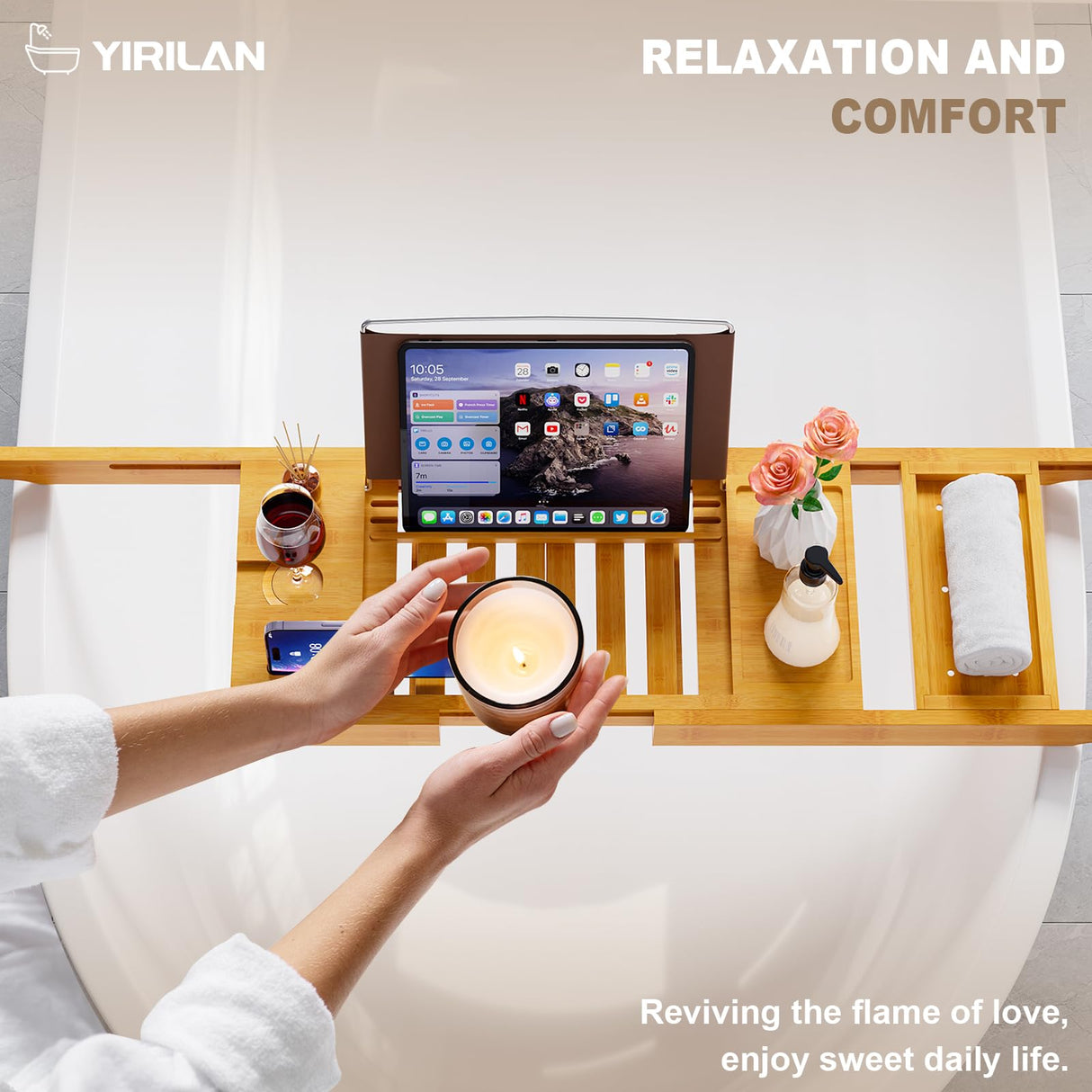 Yirilan Bamboo Bathtub Tray Caddy, Expandable Wooden Bathroom Tray, Luxury Bamboo Bathtub Tray, Bath Tub Table Caddy, Bamboo Yirilan