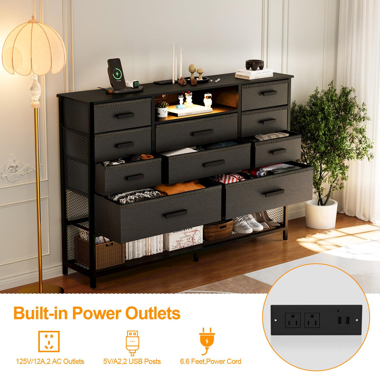 Harpaq Black Dresser for Bedroom with 10 Drawers, Dresser with Charging Station, TV Stand Dresser with LED Light for 55" TV, Fabric Drawer Dresser with PU Finish, Dresser with Shelves for Closet Harpaq