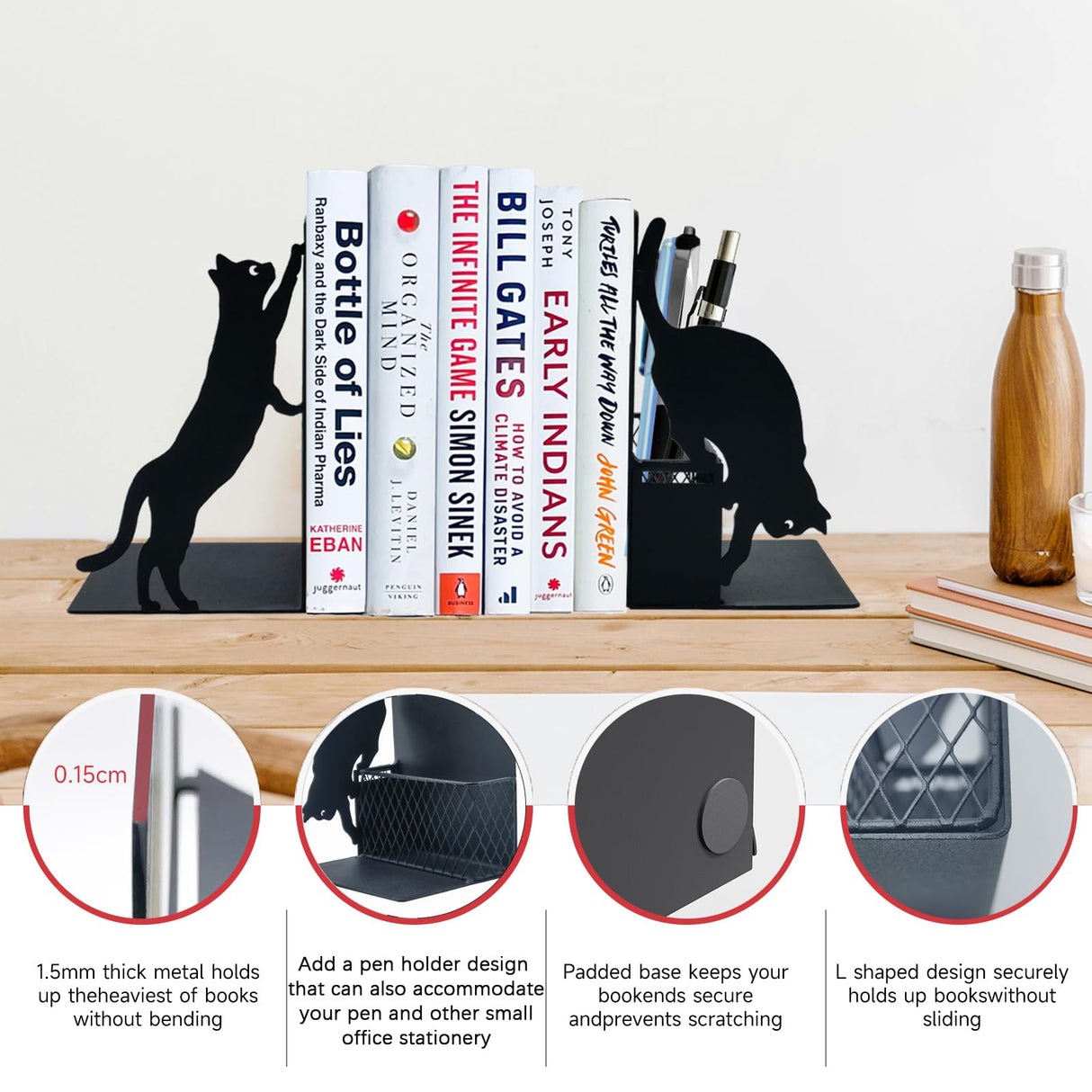 Gift for Dad, Cat Book Ends for Shelves, Decorative Book Ends with Pen Holder, Fun Unique Bookends, Cool Black Cat Bookends, Home Office Desk Bookshelf Decor, for Dad and Lover ENCIMART