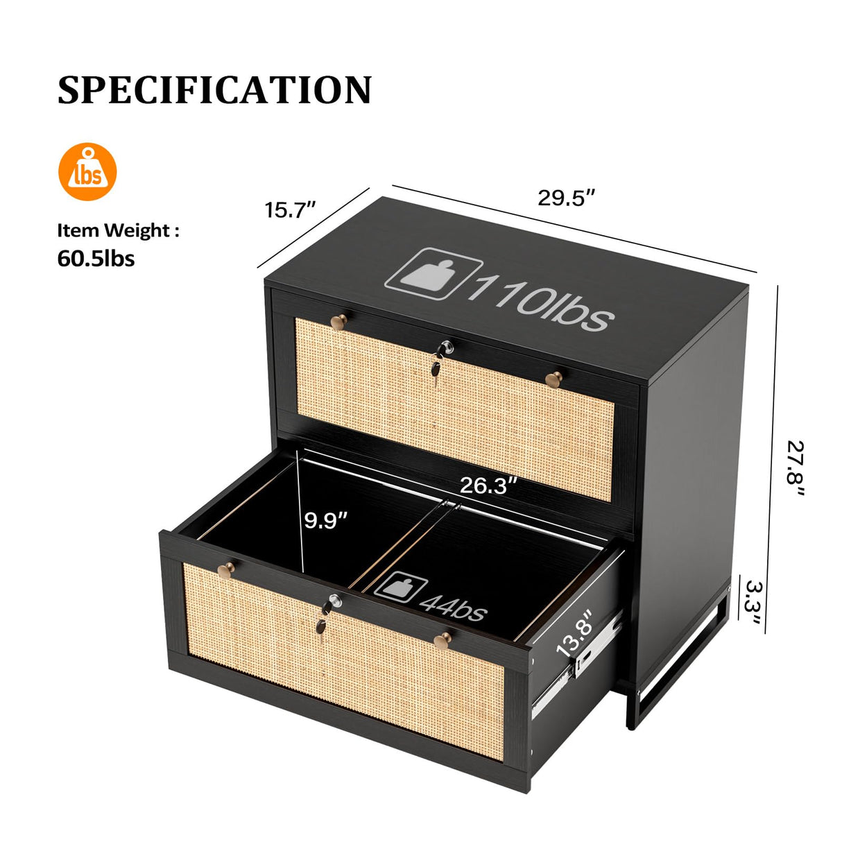 VINGLI Black Rattan 2 Drawer Lateral File Cabinet with Lock, Wood Locking File Cabinets for Home Office, File Cabinet Printer Stand for Hanging Letter/Legal Size Labeled Folders, Oak, 30W x 16D x 28H VINGLI