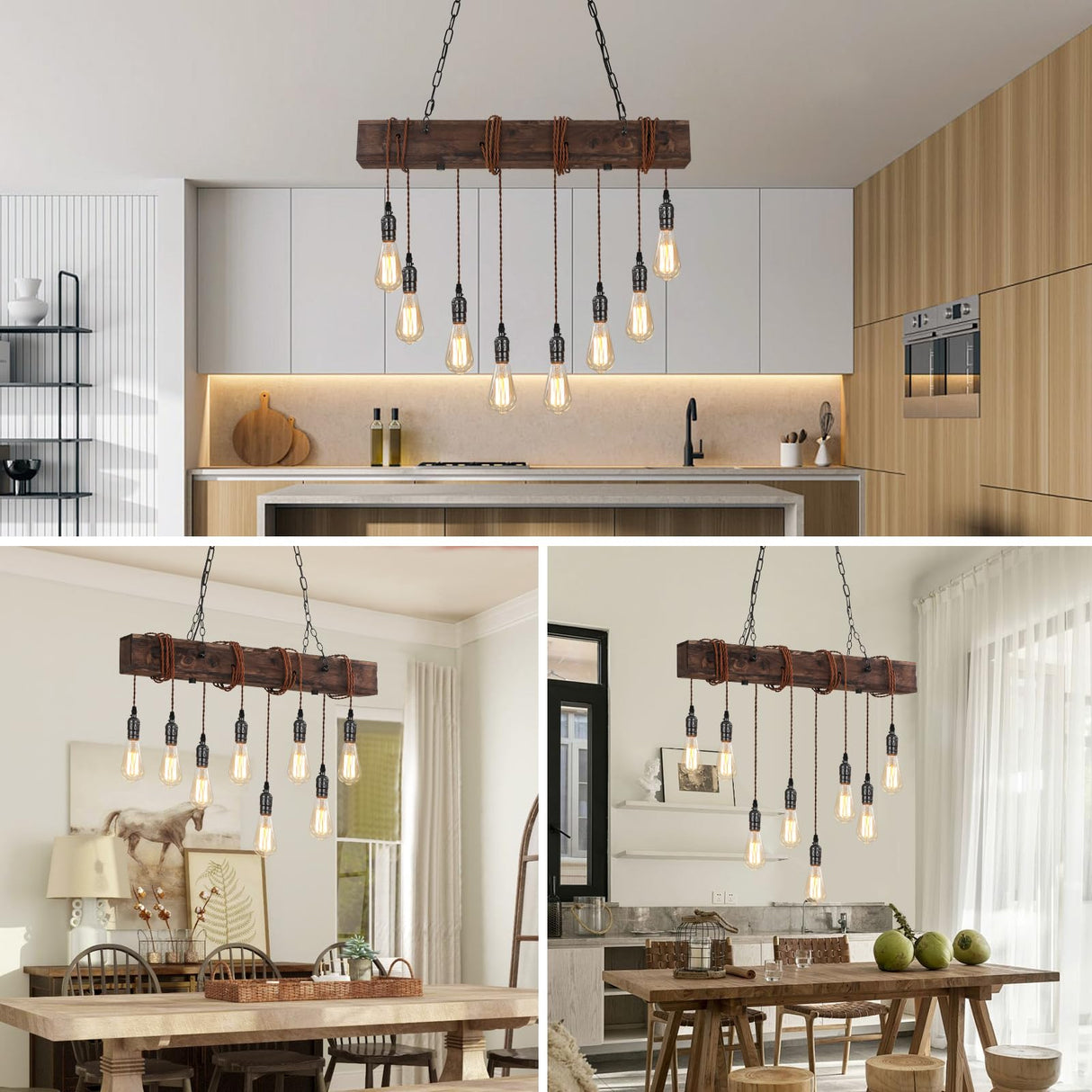 SEEBLEN 8-Lights Farmhouse Kitchen Island Pendant Light, Rustic Wood Chandeliers for Dining Room,Height Adjustable Island Light,Dining Room Bar Restaurant Cafe Pool Table. SEEBLEN
