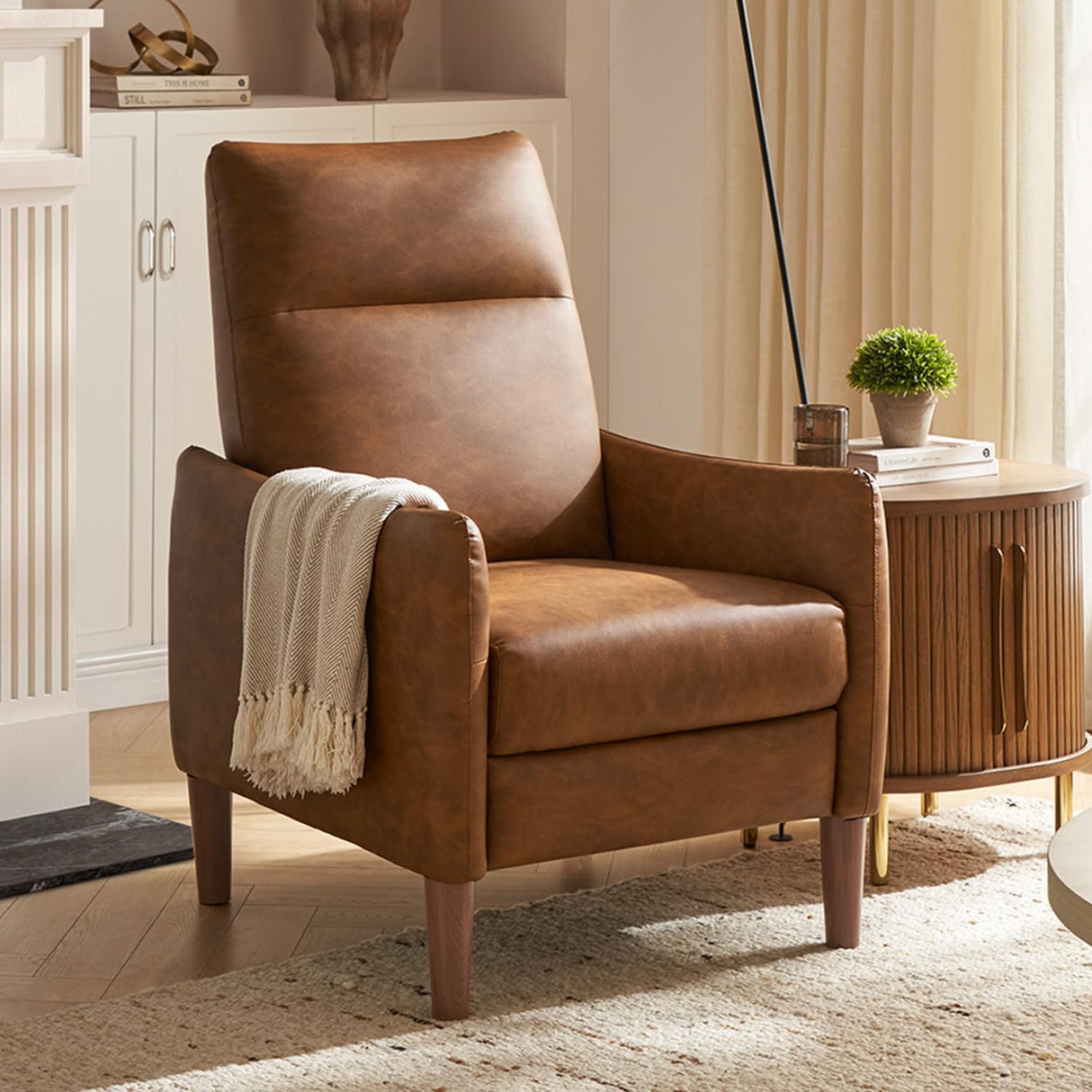 mopio Arthur Recliner Chair with 3 Positions, Accent Armchair, Mid Century Modern Reading Chair, High Back Padded Support Comfy Sleeper Armchair (Pecan Brown Faux Leather) mopio