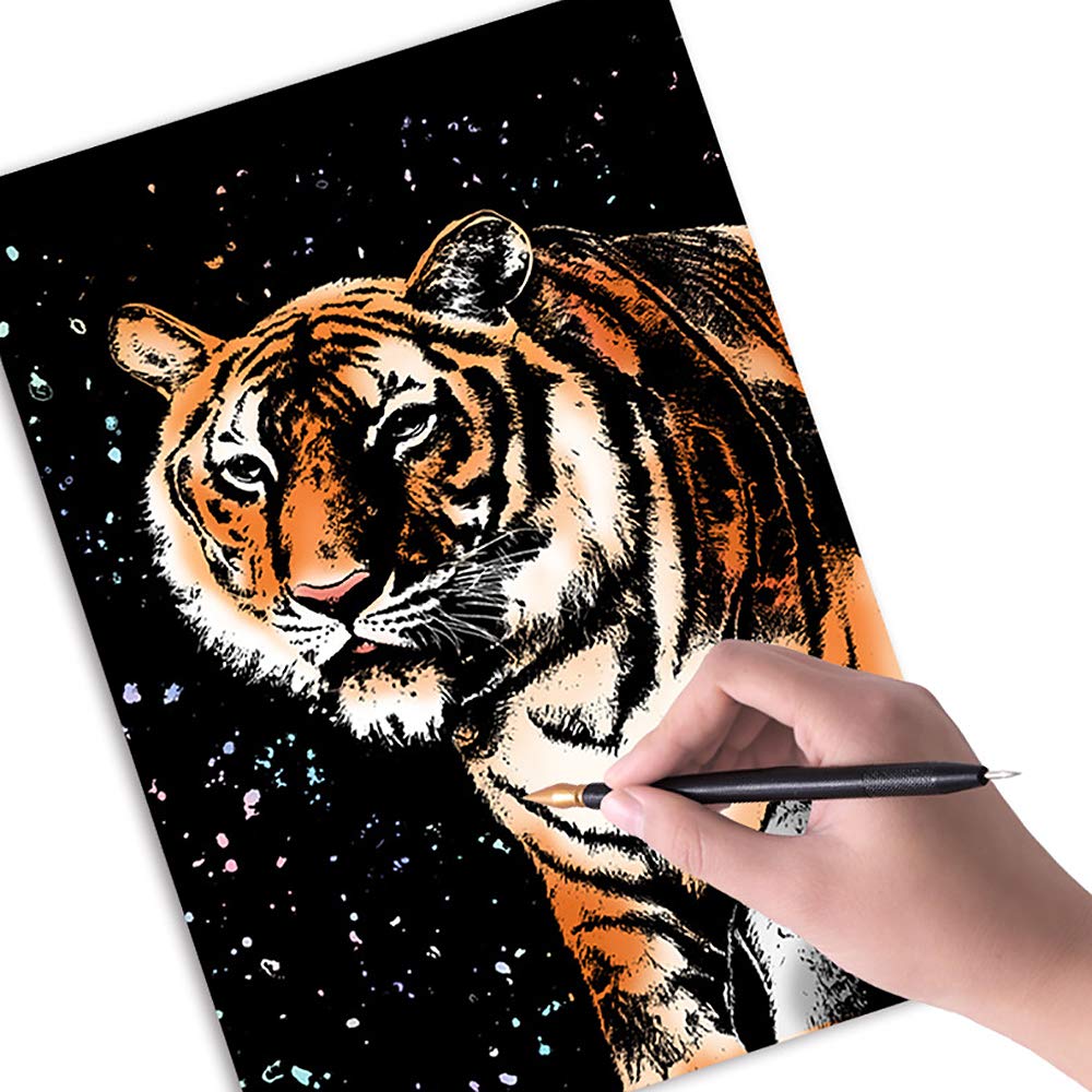 Scratch Art Paper(A4) for Kids & Adults, Rainbow Painting Night View Scratchboard, Art Craft, Crafts Set: 8 Sheets Scratch - Unicorn/Flamingo/Cat/Deer/Tiger/Leopard/Lion/Wolf & 6 Tools (Animal World) M MUGIT