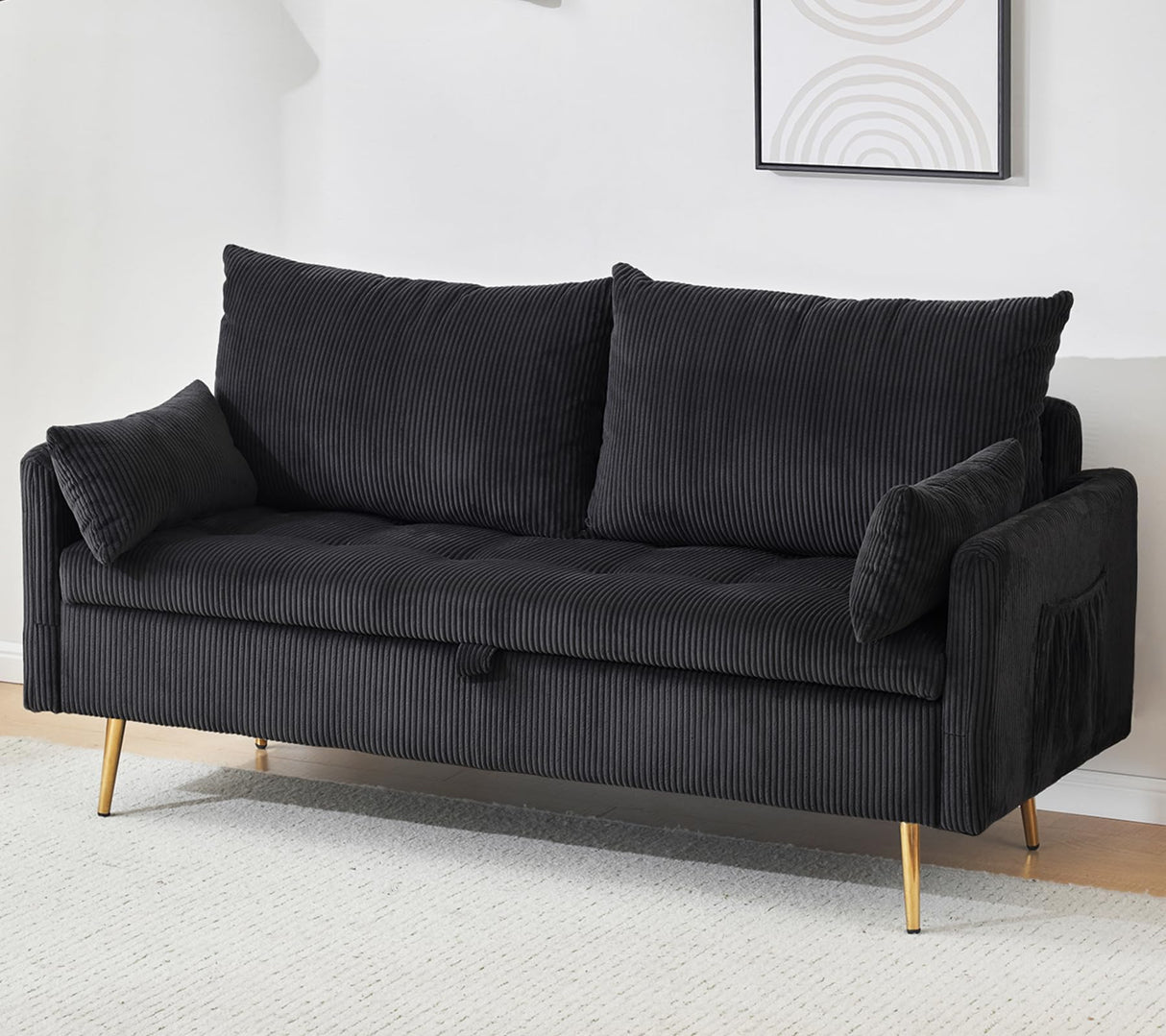 Furnimart 2-Seater Storage Loveseat for Small Spaces, 62“ Corduroy Couch with Removable Cushion Cover and Metal Leg for Bedroom, Apartment, Tiny Homes and Lofts, Black Furnimart