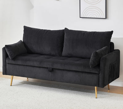Furnimart 2-Seater Storage Loveseat for Small Spaces, 62“ Corduroy Couch with Removable Cushion Cover and Metal Leg for Bedroom, Apartment, Tiny Homes and Lofts, Black