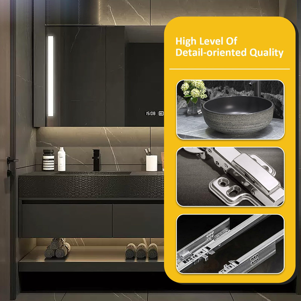 TIZAZO Double Floating Vanity Cabinet Sink - LED Defogging Smart Mirror Cabinet | Wall - Mounted Wood Vanity with Open Shelf & 3 Drawers (50'') TIZAZO