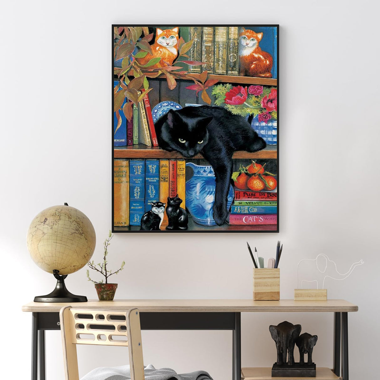 Yezavesu Black Cat Paint by Numbers Kit for Adults Beginner, Bookshelf Adult Paint by Number Kits on Canvas Without Frame, DIY Acrylic Funny Painting by Numbers for Home Wall Decor Gift 16x20 Inch Yezavesu