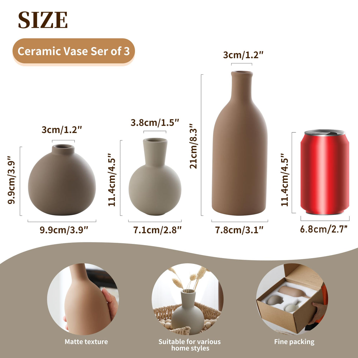 Ceramic Vase Set of 3, Vases Home Decor Rustic Vase Farmhouse Decor Vase Terra Cotta Pottery Vases for Bouquet Pampas Grass Dried Fresh Flowers, Living Room, Kitchen, Bedroom, Entryway Decor- Brown ooit