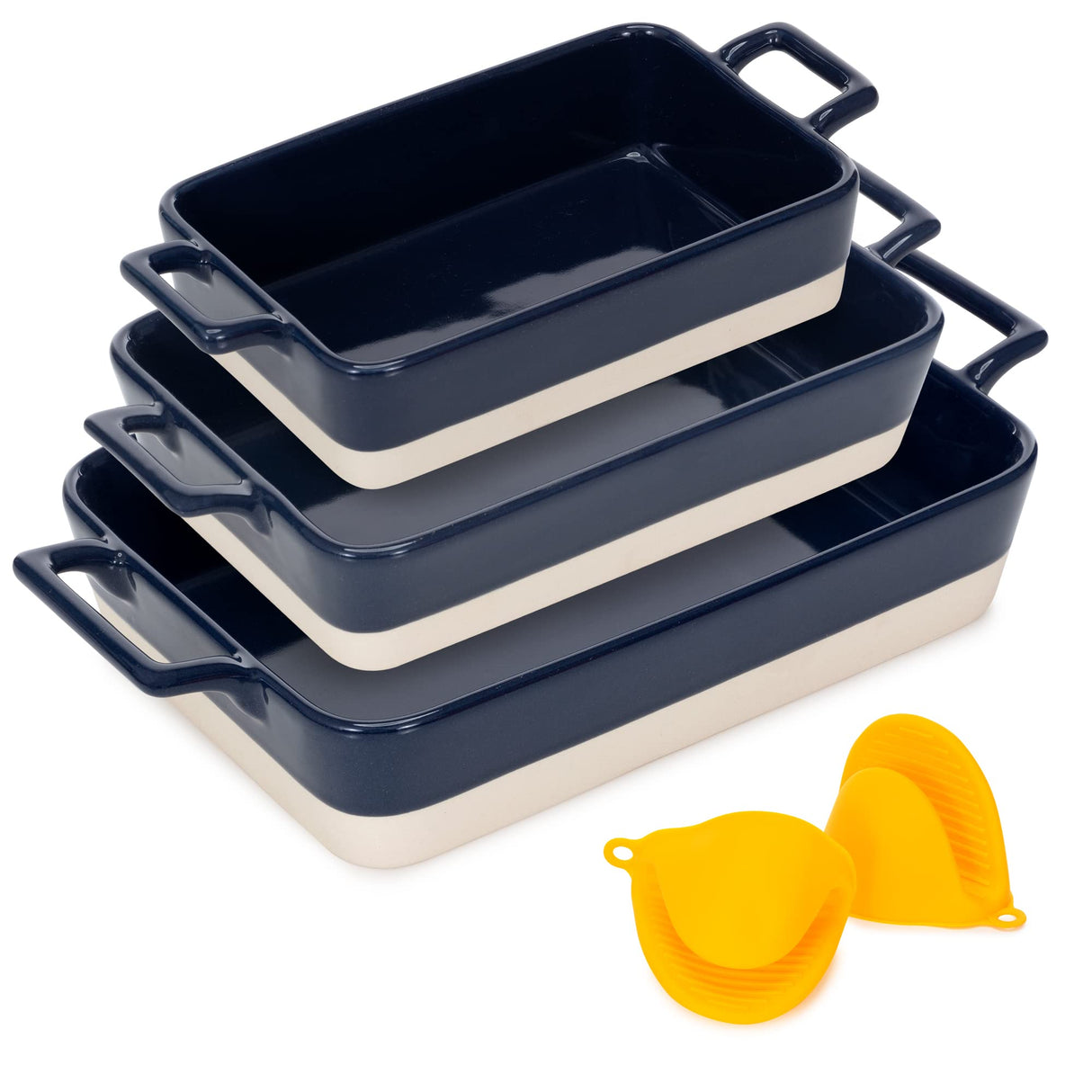Casserole Dish Set - 3 Ceramic Baking Dishes for Oven with Silicone Oven Mitt - Rectangular Bakeware is Microwave, Freezer and Dishwasher Safe - Cooks Evenly and Saves Space with Nesting Design Kitchen Pixie