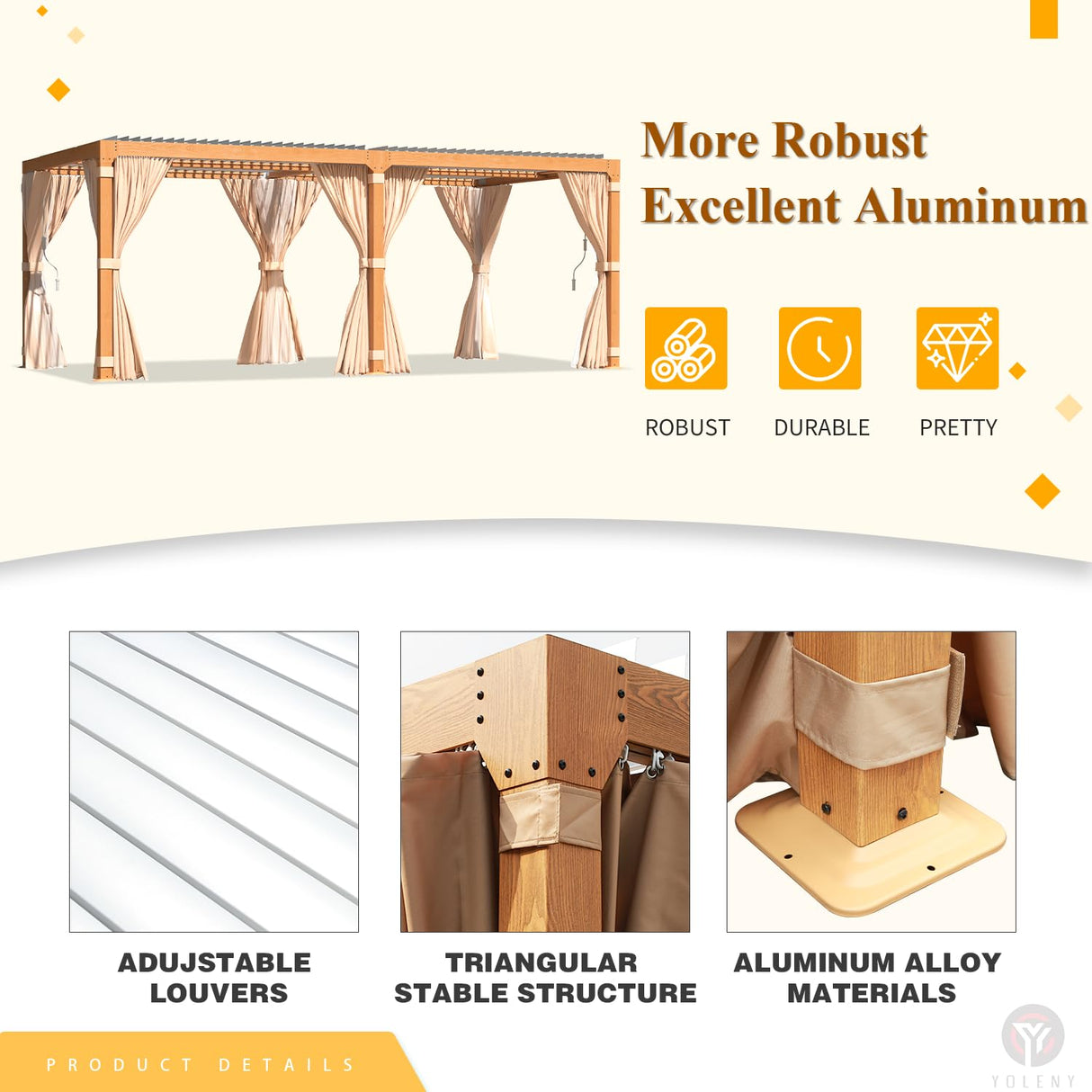 YOLENY 10 x 20 FT Louvered Pergola, Wood Grain Pergola with Adjustable Aluminum Waterproof Roof, Sun Shade Shelter with Netting and Curtains for YOLENY