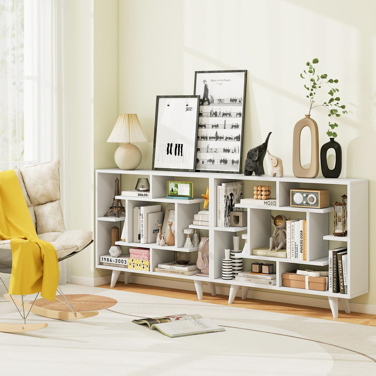 Tangkula Geometric Bookshelf, 3 Tier Modern Freestanding Open Bookcase with Anti-Tipping Devices & Legs, Home Office Decorative Storage Organizer Display Shelf for Living Room Study (White) Tangkula