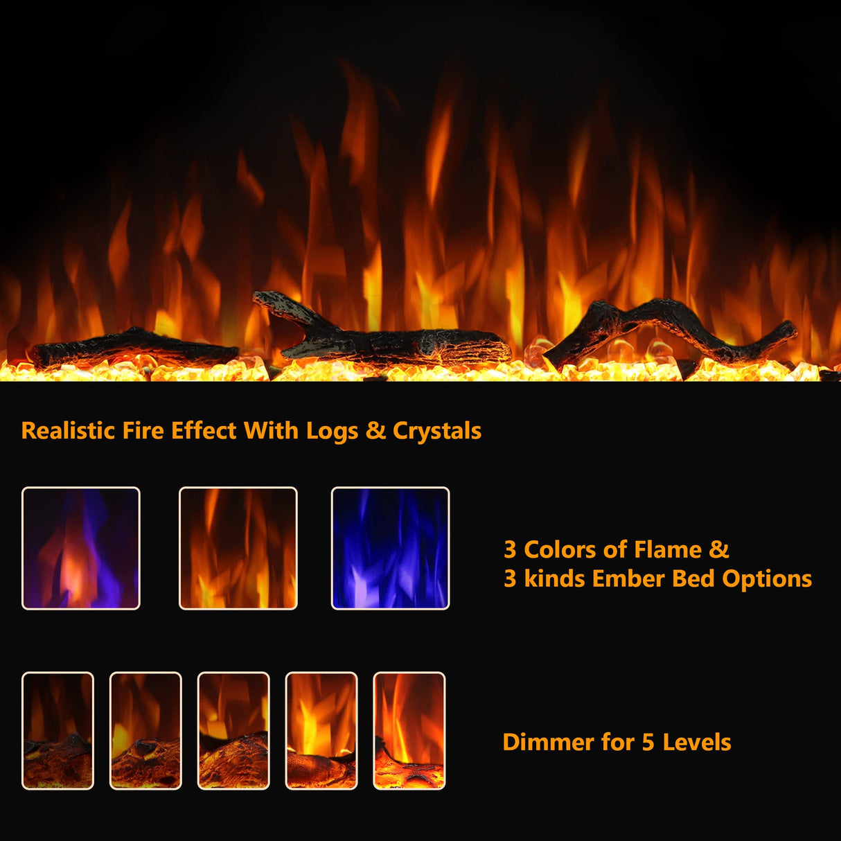 Dreamflame Smart Electric Fireplace 72inch, Recessed& Wall-Mounted Fireplace Inserts, Multicolor Flame w/5 Dimmer, WiFi Control Thermostat&Timer, Low Noise& Hardwire Connect, 1500W, Black Dreamflame