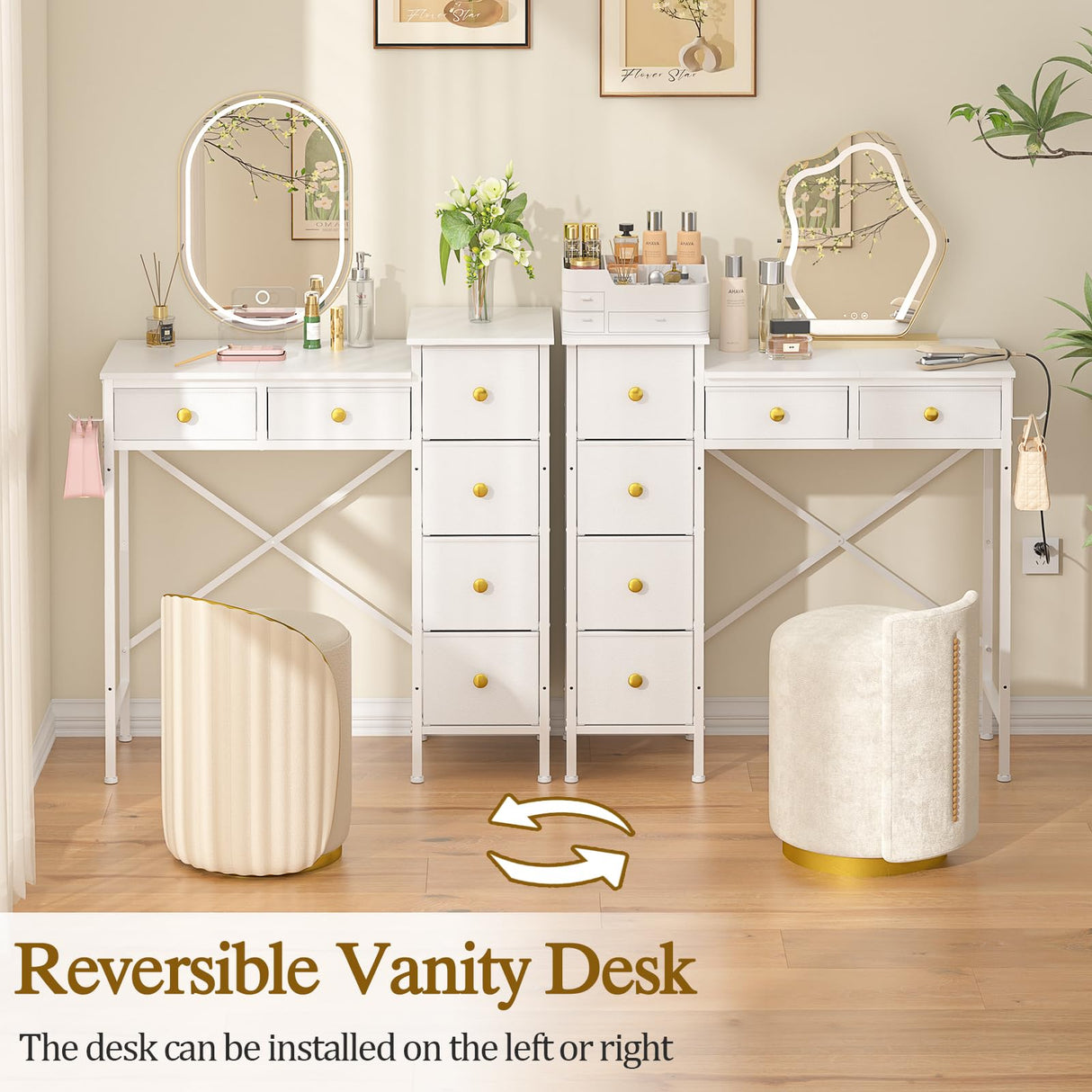 Vanity Desk No Mirror, Small White Vanity Desk, Makeup Girls Vanity Table with 6 Storage Drawers, Dressing Table for Small Spaces, Compact Vanity with Iron Hook for Bedroom, 33.07"L x 12.6"W x 33.07"H DAOUTIME