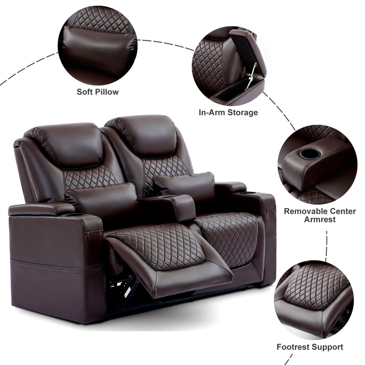 Attliahome 61" RV Loveseat Recliner, Double Recliner Furniture with 3 Arms and 2 Pillows, Wall Hugger Recliners & 135° Reclining Theater Seating (Brown PU Leather RV Couch) Attliahome