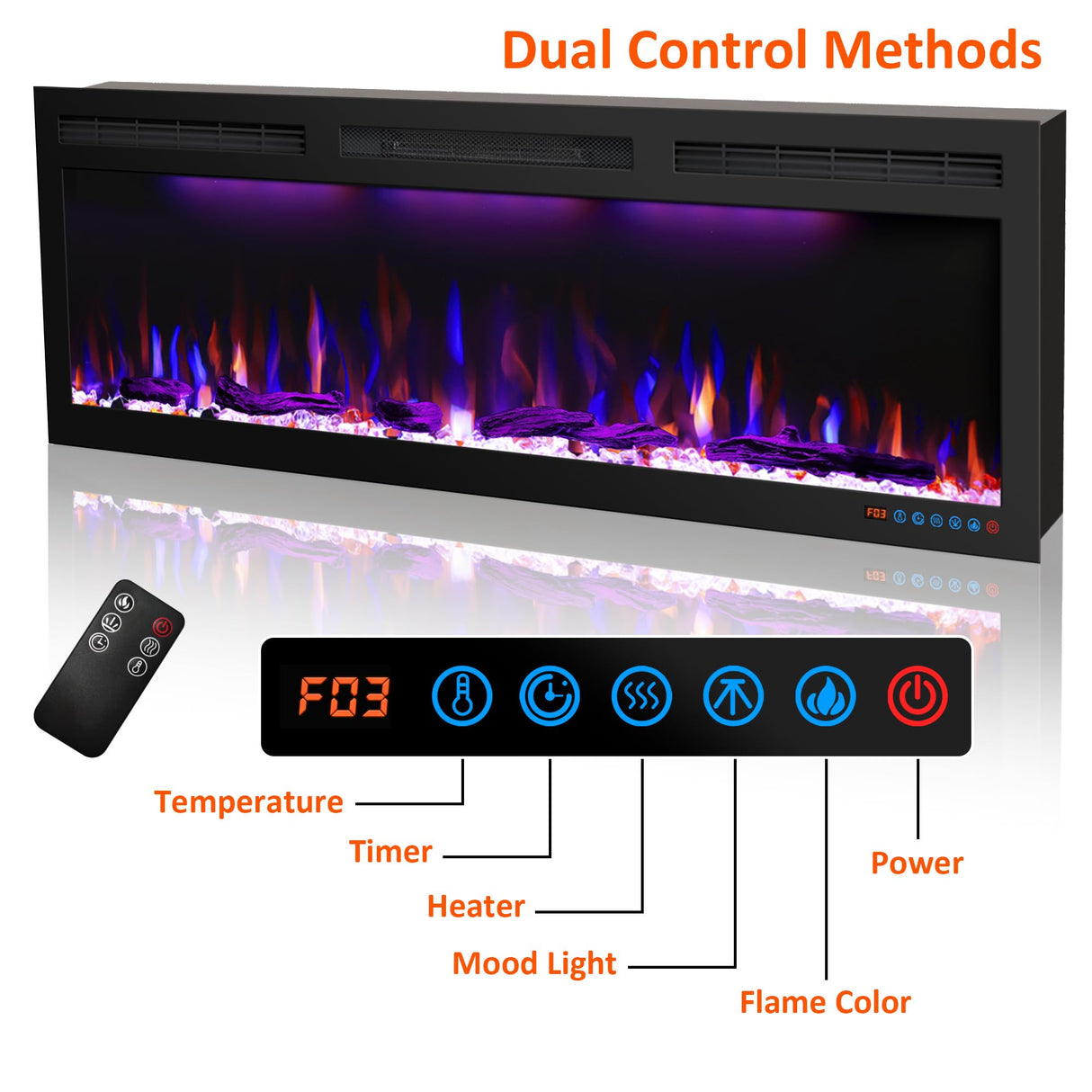 50 inches Electric Fireplace, Recessed and Wall Mounted Fireplace Heater and Linear Fireplace Inserts, with Timer, Remote Control, Adjustable Flame & Light Colors, 750W/1500W, Black Dreamflame