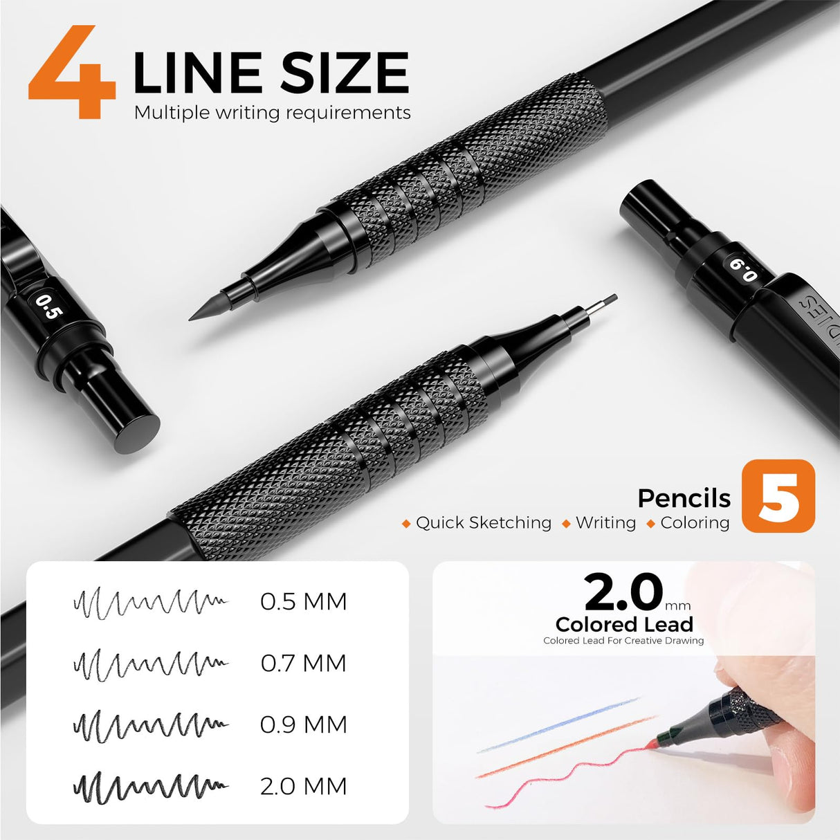 Four Candies Metal Mechanical Pencil Set, 3PCS Art Drafting Pencils 0.5, 0.7, 0.9MM & 2PCS 2MM Mechanical Drawing Pencils with 420PCS Leads (4B 2B HB 2H Color) for Writing Sketching Drawing (Black) Four Candies
