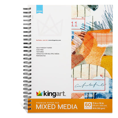 KINGART Mixed Media Paper Pad, 11×14″, 60 Perforated Sheets, 98 lb/160 GSM Heavyweight, Acid-Free, Spiral-Bound with Chipboard Backing, Ideal for Wet & Dry Media