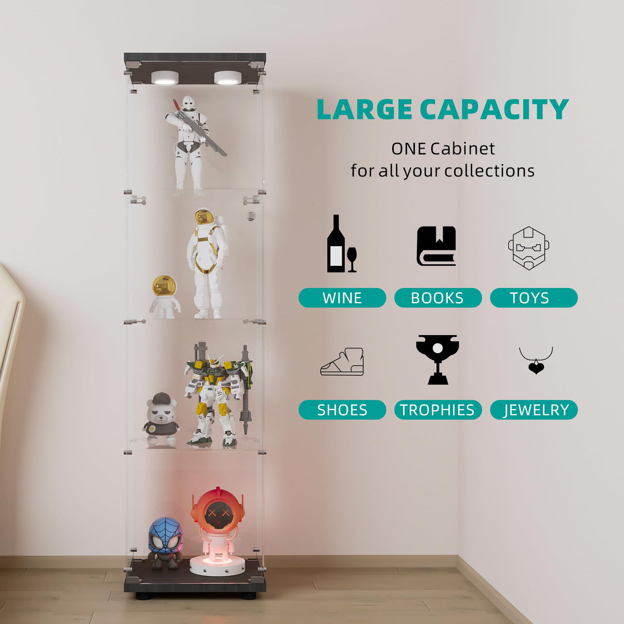 FANYUSHOW Display Cabinet with Glass Door and LED Light, 4-Tier Tempered Glass Display Shelf, Glass Curio Cabinet Collection Display Case, Display Case Cabinet, Black 64.7" H x 16.7" L x 14" W FANYUSHOW