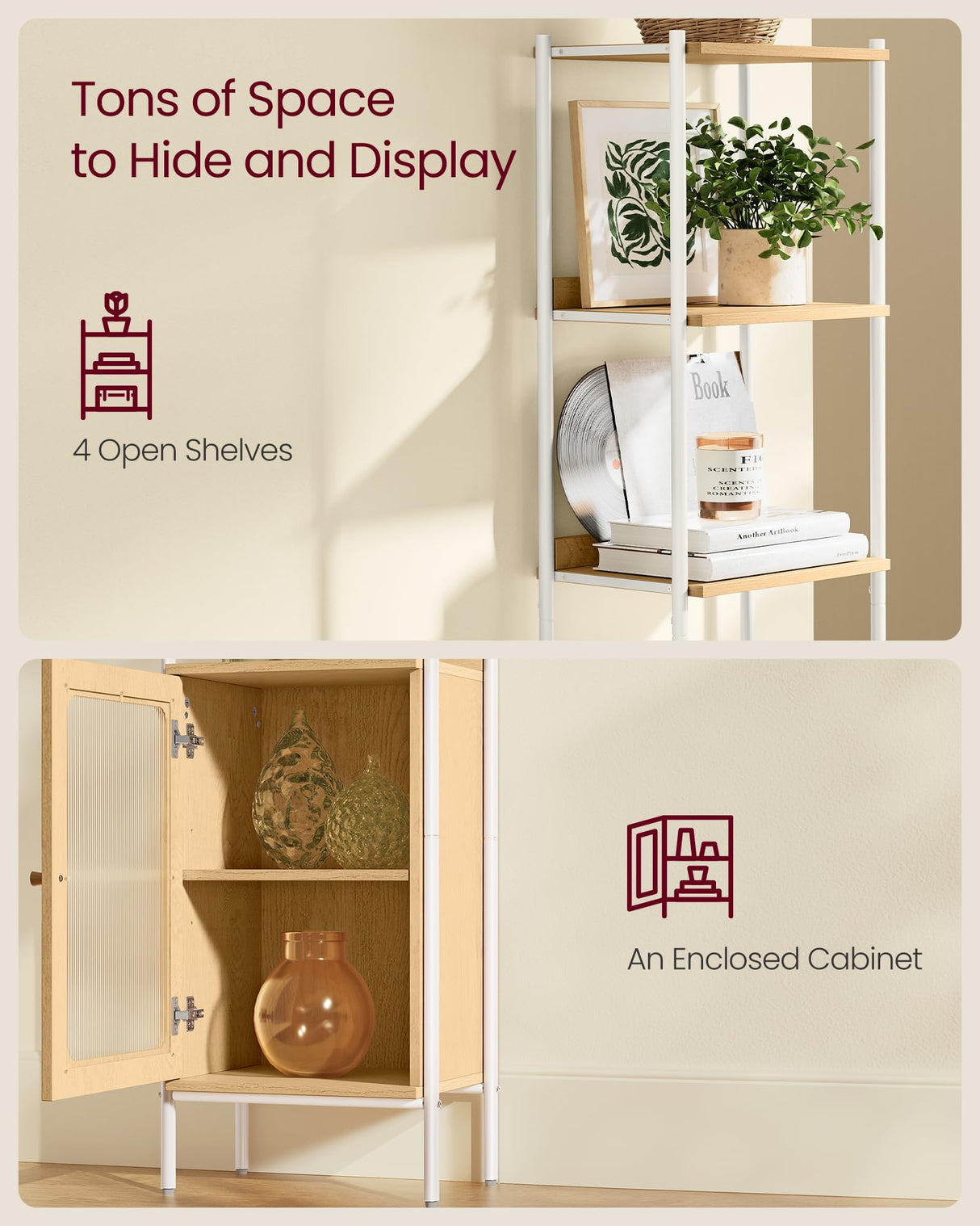 VASAGLE 6-Tier Bookcase, Slim Bookshelf with PC Door, Freestanding Storage Shelf with Metal Frame, Adjustable Shelf, for Living Room, Oak Beige and Pearl White ULLS123W57 VASAGLE