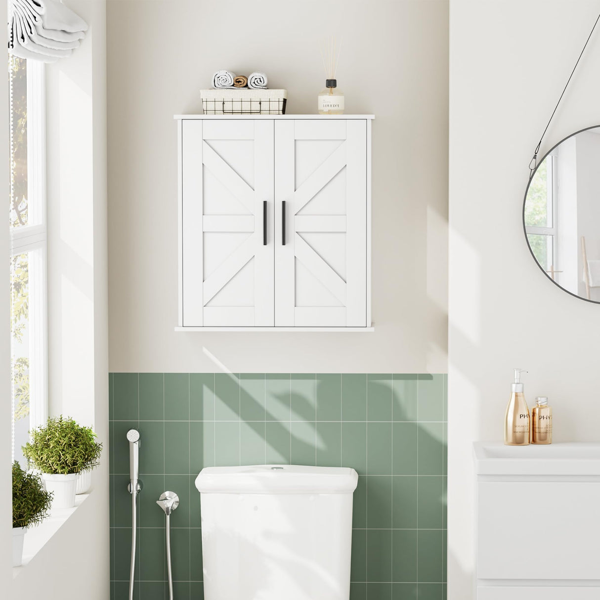 Homleke Bathroom Wall Cabinet, Over Toilet Storage Cabinet with Barn Doors and Adjustable Shelves, 3-Tier Medicine Cabinet Wall Mounted, for Bathroom, Kitchen, Entryway, Laundry Room, White, (7.9" D) Homleke