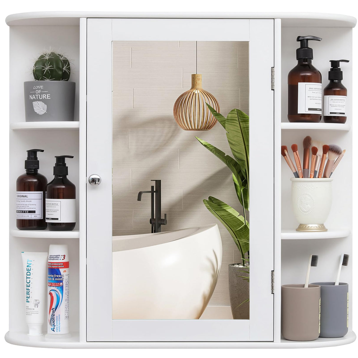 Iwell Bathroom Medicine Cabinet with Mirror, Bathroom Wall Cabinet with 2 Adjustable Shelves & 6 Open Shelves, Medicine Cabinet Organizer, Bathroom Cabinet Wall Mounted, White Iwell