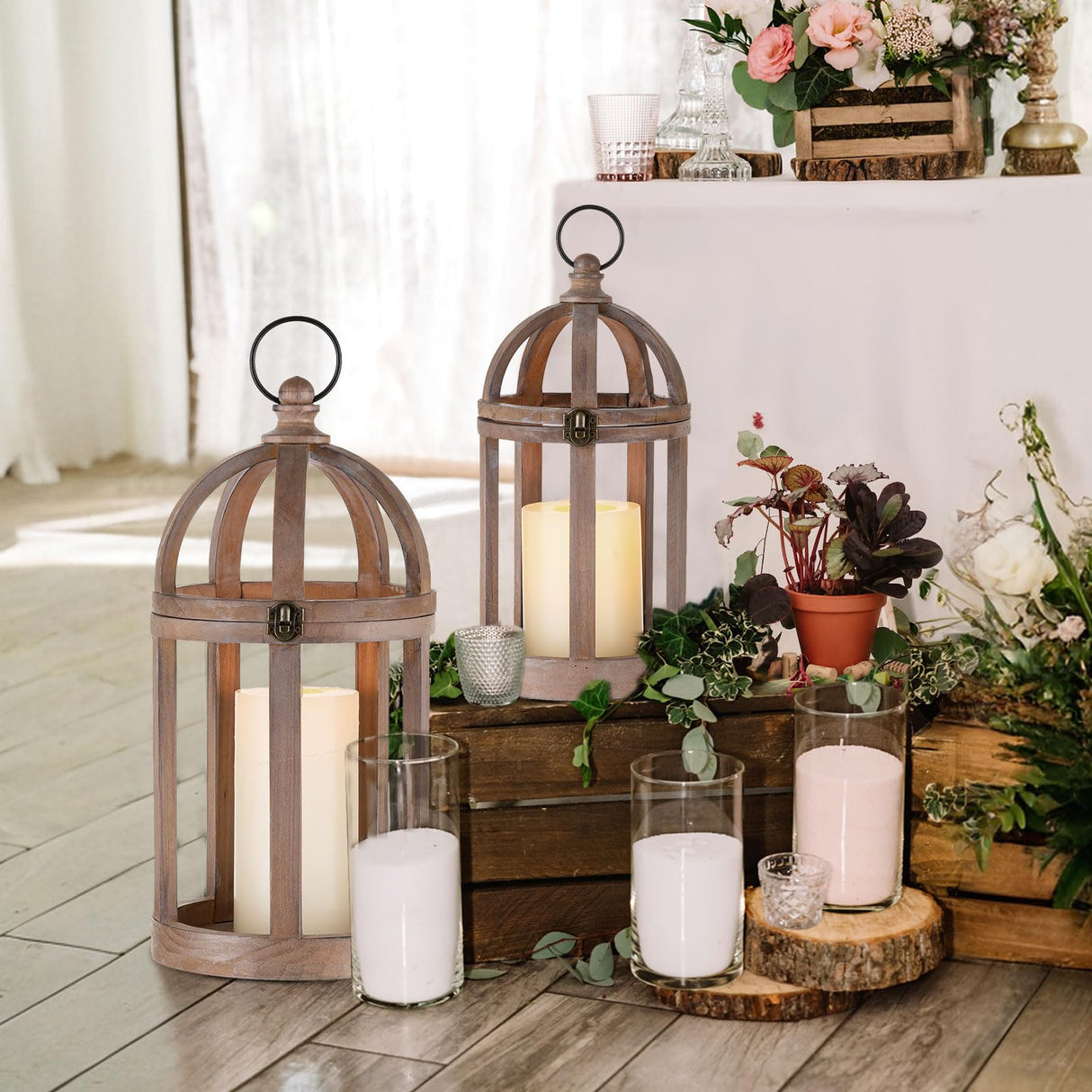 Staymoment Farmhouse Lantern Decor Set of 2 - Indoor Rustic Wooden Lanterns Decorative Candle Holder for Table Centerpiece Fireplace Mantle, 13" & 10" Hanging Home Decor, Brown Staymoment