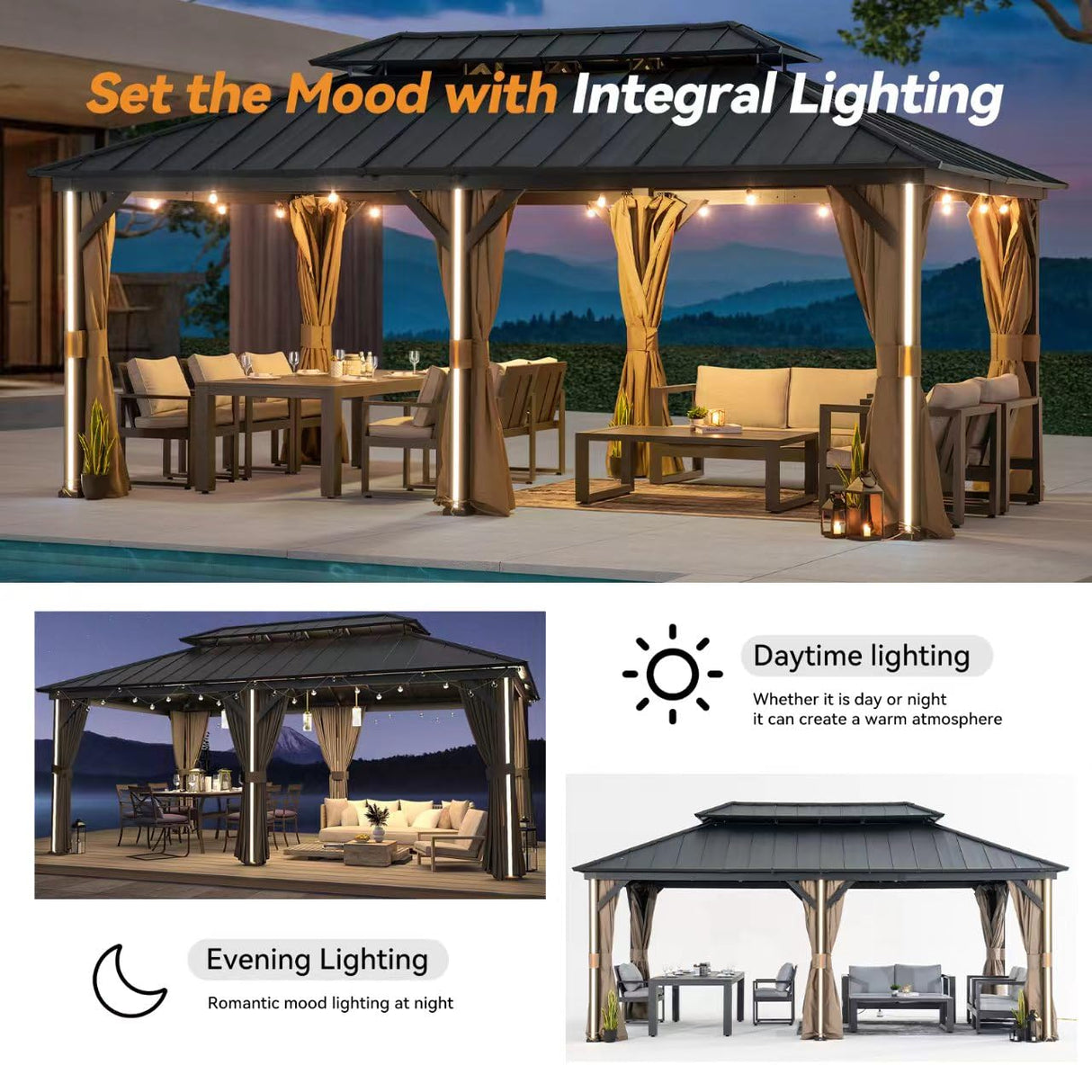 Modern Shade Hardtop Gazebo 12' x 20' Gazebo with 6 LED Lights, Outdoor Gazebo with Galvanized Steel Double Roof, Metal Gazebo with USB & USB-C Charging Port Deck, Netting and Curtains for Patios Modern Shade Outdoor Living Spaces