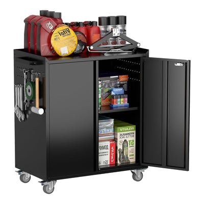 SUXXAN Metal Garage Storage Cabinet on Wheels, Black Steel Rolling Tool Cabinet with 2 Doors Pegboard a Handle Hooks Adjustable Shelves for Home Office Garage, Assembly Required