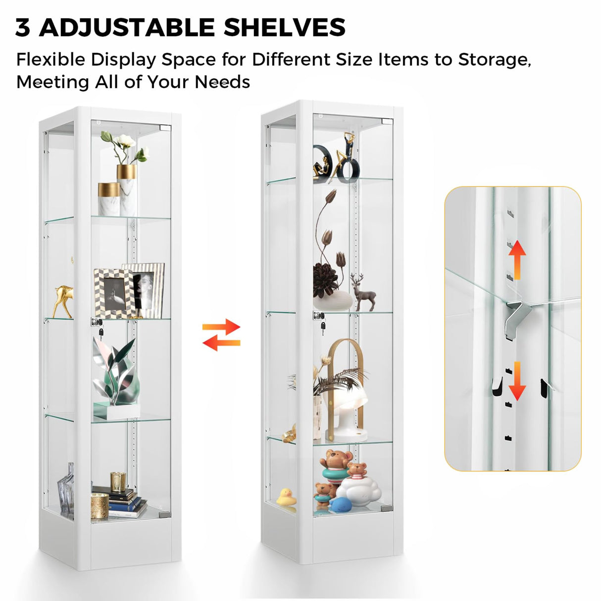 BECHAEO Glass Display Cabinet with 12 Color Lights and Lock, 4-Tier Curio Cabinet with Tempered Glass Door, Adjustable Shelves, 63" Metal Display Case for Collectibles Living Room, White BECHAEO